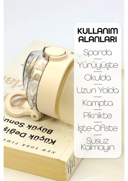 Su Matarası Tritan Geniş Ağız Su Şişesi Luxury Spor Matarası Suluğu Bpasız 730 ml Bej 0110
