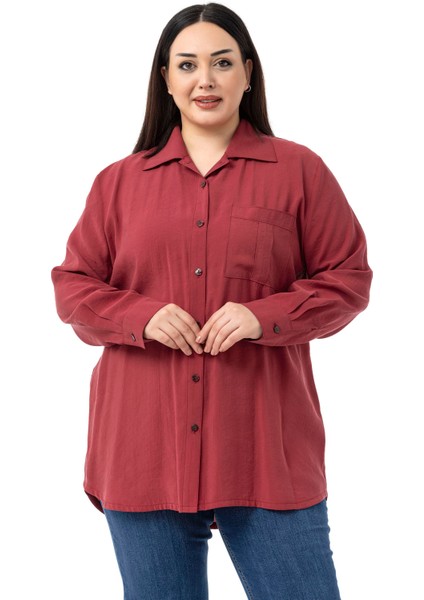 Büyük Beden Göğüste Tek Cepli Bordo Gömlek