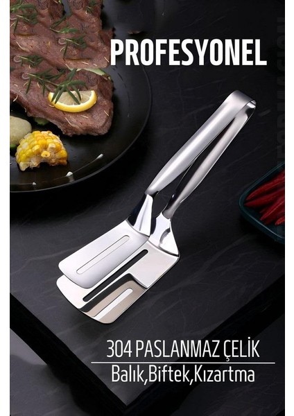 Zhlhome Spatulalı Maşa Biftek Balık Maşası 304 Paslanmaz Çelik
