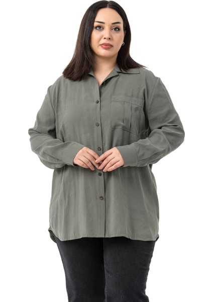 Büyük Beden Göğüste Tek Cepli Haki Gömlek