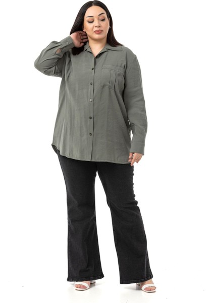 Büyük Beden Göğüste Tek Cepli Haki Gömlek fiyatları