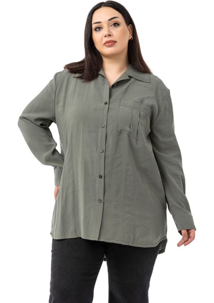 Büyük Beden Göğüste Tek Cepli Haki Gömlek fırsatları
