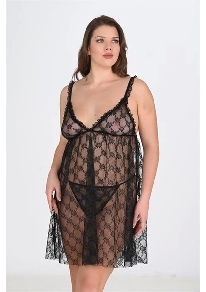 Aria's Closet Büyük Beden Siyah Gecelik 3041