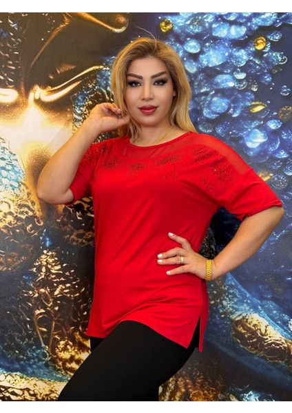 Bluz,pamuklu,yüksek Kaliteli,taş Işlemeli,kırmızı,dantel Yaka,yazlik