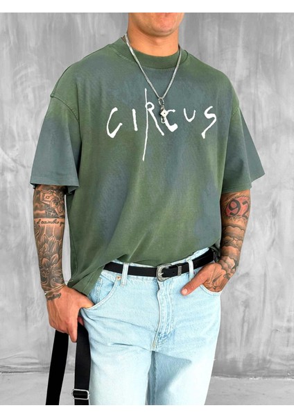 Erkek Cirsus Baskılı Yıkamalı Oversize T-Shırt Haki