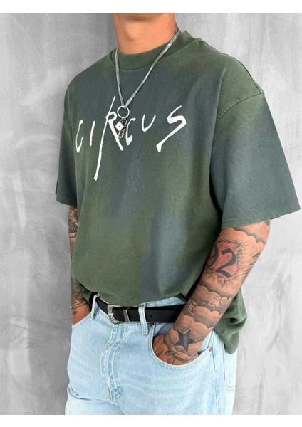 Erkek Cirsus Baskılı Yıkamalı Oversize T-Shırt Haki fiyatları