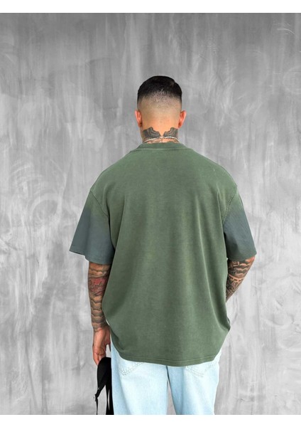 Erkek Cirsus Baskılı Yıkamalı Oversize T-Shırt Haki modelleri