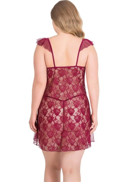 Aria's Closet Büyük Beden Bordo Kısa Tül Gecelik