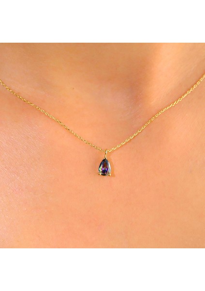 14 Ayar Altın Kolye -0.25Ct Mistik Topaz (Aleksantrit) Pırlanta Montürü Nano Has Taşlı Altın Kolye-Hediye 14 Ayar Altın Kolye