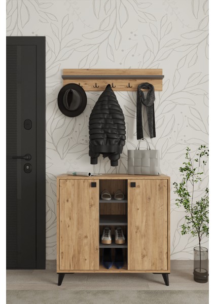 Akasya 2 Kapaklı Ayakkabılık, Vestiyer, Portmanto, Askılık, 90 Cm, Atlantik Çam - Antrasit fiyatları