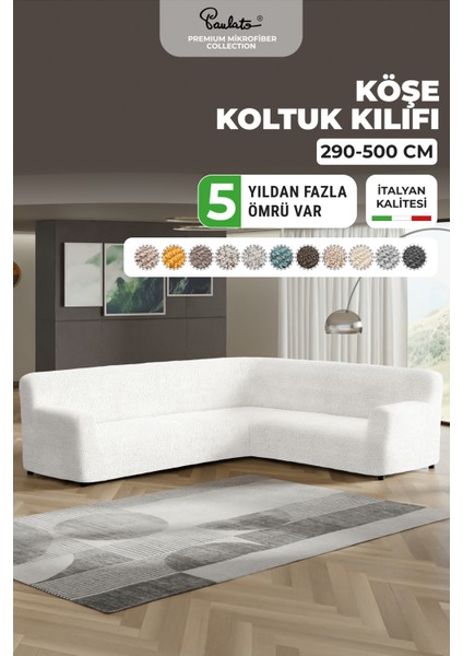 Lastikli Esnek ve Yıkanabilir L Köşe Koltuk Örtüsü Çekyat Kanepe Kılıfı - Düz Beyaz
