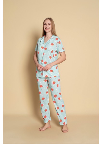 Kadın Çilek Dese Kısa Kol Gömlek Pijama Takımı