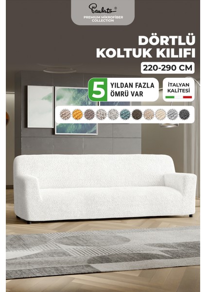 Lastikli Esnek ve Yıkanabilir 4 Kişilik Koltuk Örtüsü Çekyat Kanepe Kılıfı - Düz Beyaz