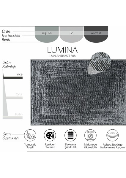 Lumina Antrasit Zigzag Desen Modern Spor Halı Yıkanabilir Şönil Oturma Odası Salon Balkon Halısı