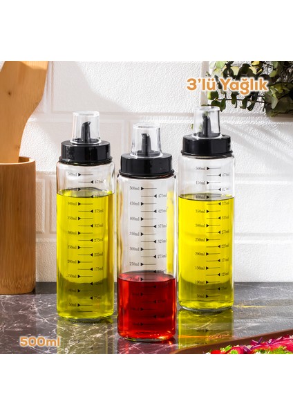 401354 3lü Kapaklı Ölçekli Cam Yağlık Sirkelik Yağdanlık 500ML