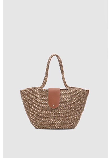 Duffy Kahve Kapaklı Handmade Hasır Tote Çanta