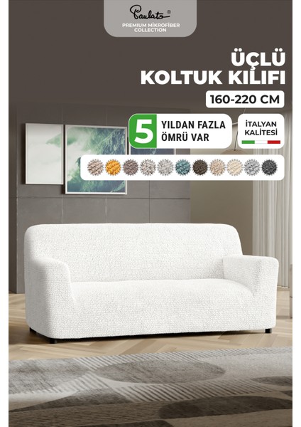 Lastikli Esnek ve Yıkanabilir 3 Kişilik Koltuk Örtüsü Çekyat Kanepe Kılıfı - Düz Beyaz