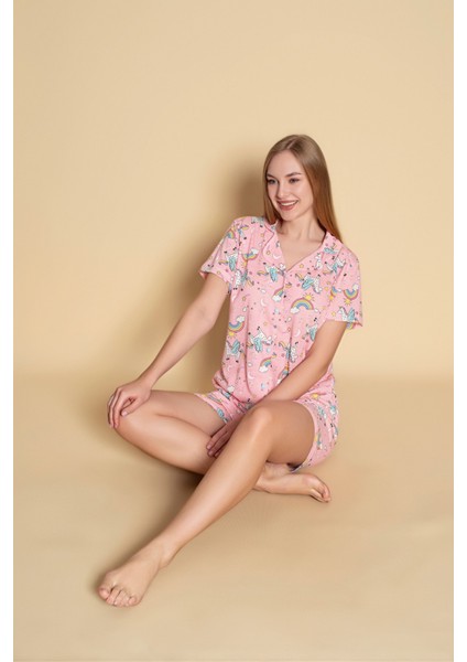 Kadın Unicorn Desen Kısa Kol Gömlek Şort Pijama Takımı