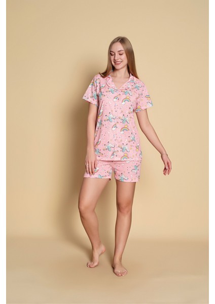 Kadın Unicorn Desen Kısa Kol Gömlek Şort Pijama Takımı