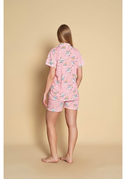 Kadın Unicorn Desen Kısa Kol Gömlek Şort Pijama Takımı