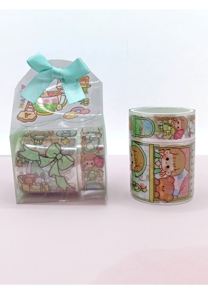 Fiyonk Çantalı Şirin Kız Ayı Tavşan Şeffaf Desenli Bant - Yeşil