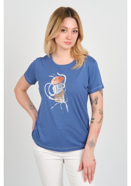 Kadın Baskı Desenli Kısa Kollu Bisiklet Yaka Bluz 24165 Indigo
