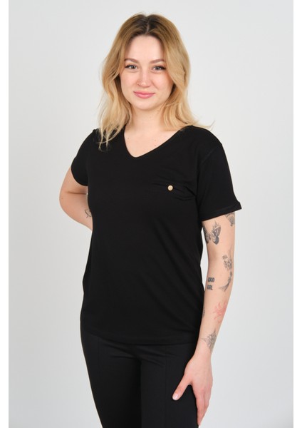 Kadın Kısa Kollu Süs Cep Detaylı Duble Kol Bluz 4110 Siyah modelleri