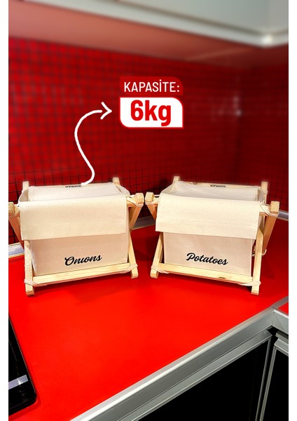 Patates Soğanlık 2'li Set - Patates Soğan Sepeti - Ahşap & Kanvas, 6 kg Kapasiteli, Krem Renk, Iki Ürün, Sebzelik