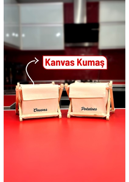 Patates Soğanlık 2'li Set - Patates Soğan Sepeti - Ahşap & Kanvas, 6 kg Kapasiteli, Krem Renk, Iki Ürün, Sebzelik