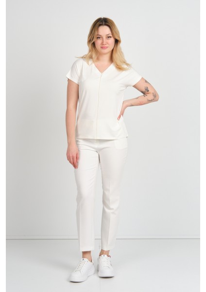 Kadın V Yaka Ince Parlak Şeritli Önü Kısa Arkası Uzun Bluz 24289 Ekru fiyatları