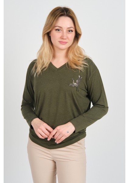 Kadın Uzun Kollu V Yaka Işleme Detaylı Bluz 4565 Haki