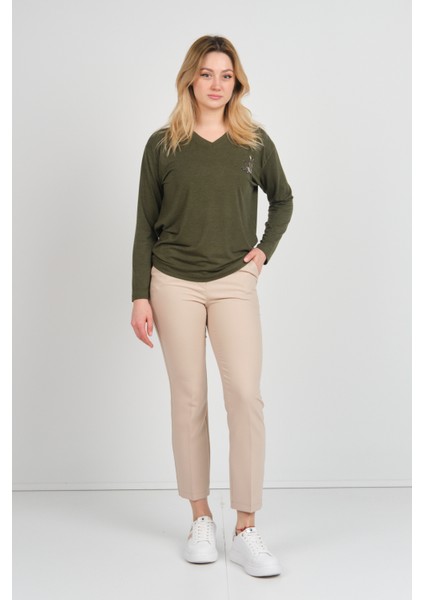 Kadın Uzun Kollu V Yaka Işleme Detaylı Bluz 4565 Haki fiyatları