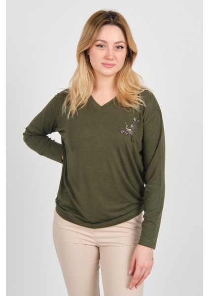 Kadın Uzun Kollu V Yaka Işleme Detaylı Bluz 4565 Haki modelleri