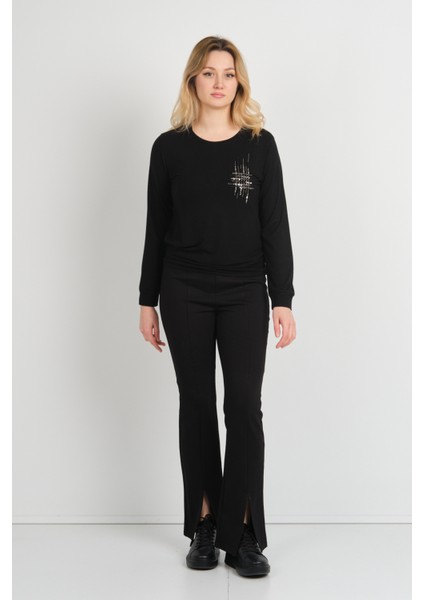 Kadın Taş ve Boncuk Süslemeli Uzun Kollu Bluz 24589 Siyah