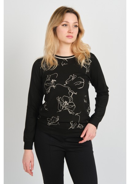 Kadın Desenli Bisiklet Yaka Uzun Kol Bluz 24611 Siyah