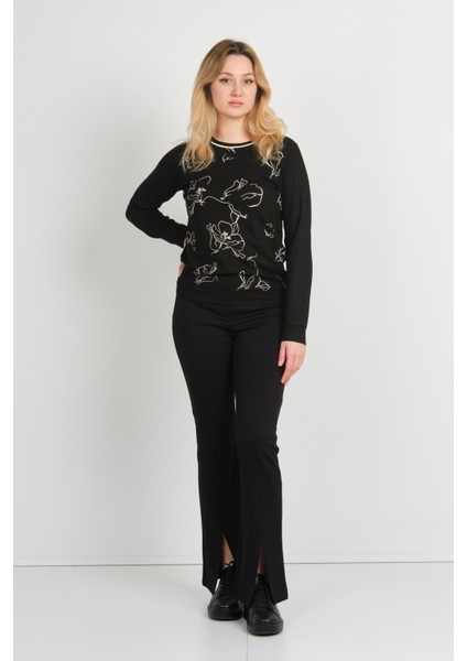 Kadın Desenli Bisiklet Yaka Uzun Kol Bluz 24611 Siyah fiyatları