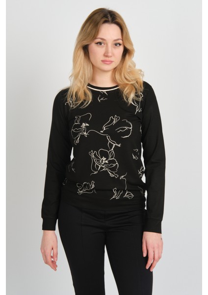 Kadın Desenli Bisiklet Yaka Uzun Kol Bluz 24611 Siyah modelleri