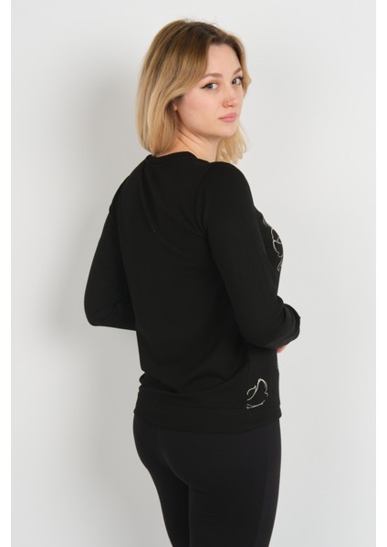 Kadın Desenli Bisiklet Yaka Uzun Kol Bluz 24611 Siyah fırsatları