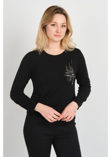 Kadın Taş ve Boncuk Süslemeli Uzun Kollu Bluz 24589 Siyah modelleri