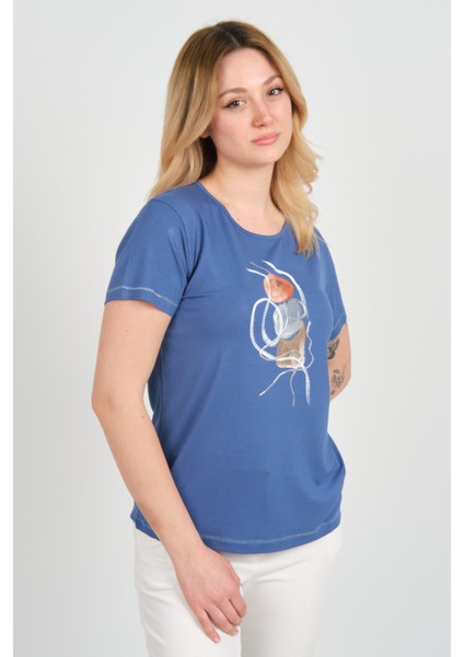 Kadın Baskı Desenli Kısa Kollu Bisiklet Yaka Bluz 24165 Indigo