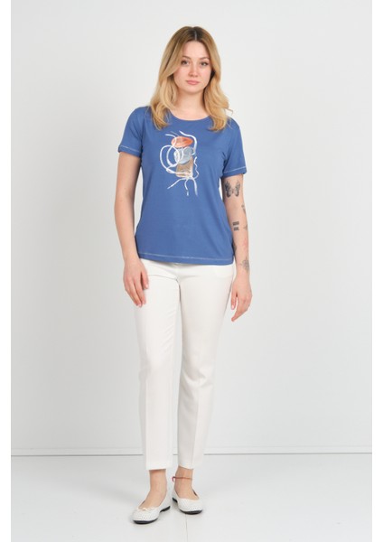 Kadın Baskı Desenli Kısa Kollu Bisiklet Yaka Bluz 24165 Indigo fiyatları