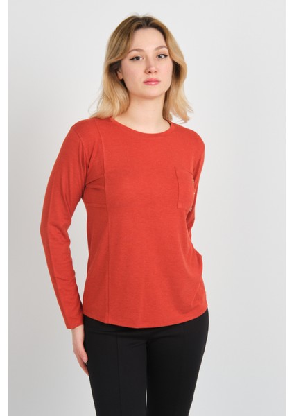 Kadın Tek Cepli Bisiklet Yaka Uzun Kol Bluz 24525 Kiremit