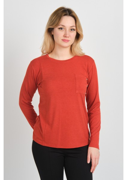 Kadın Tek Cepli Bisiklet Yaka Uzun Kol Bluz 24525 Kiremit modelleri