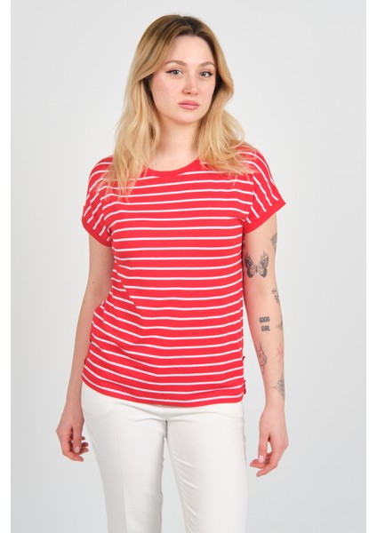 Kadın Bisiklet Yaka Çizgili Yanları Gold Düğmeli Bluz 24298 Kırmızı