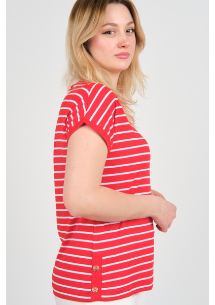 Kadın Bisiklet Yaka Çizgili Yanları Gold Düğmeli Bluz 24298 Kırmızı modelleri