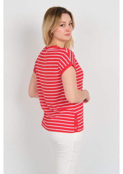 Kadın Bisiklet Yaka Çizgili Yanları Gold Düğmeli Bluz 24298 Kırmızı fırsatları
