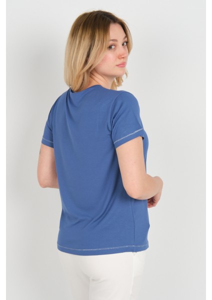 Kadın Baskı Desenli Kısa Kollu Bisiklet Yaka Bluz 24165 Indigo fırsatları