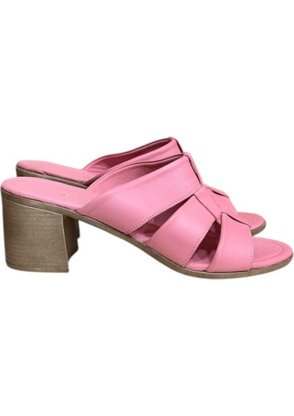 Pembe Hakiki Deri Bant Detaylı Topuklu Comfort Taban Terlik