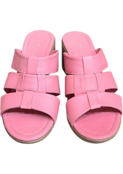 Pembe Hakiki Deri Bant Detaylı Topuklu Comfort Taban Terlik