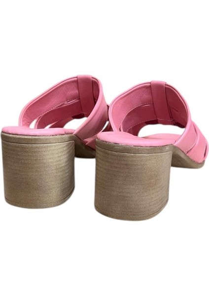 Pembe Hakiki Deri Bant Detaylı Topuklu Comfort Taban Terlik